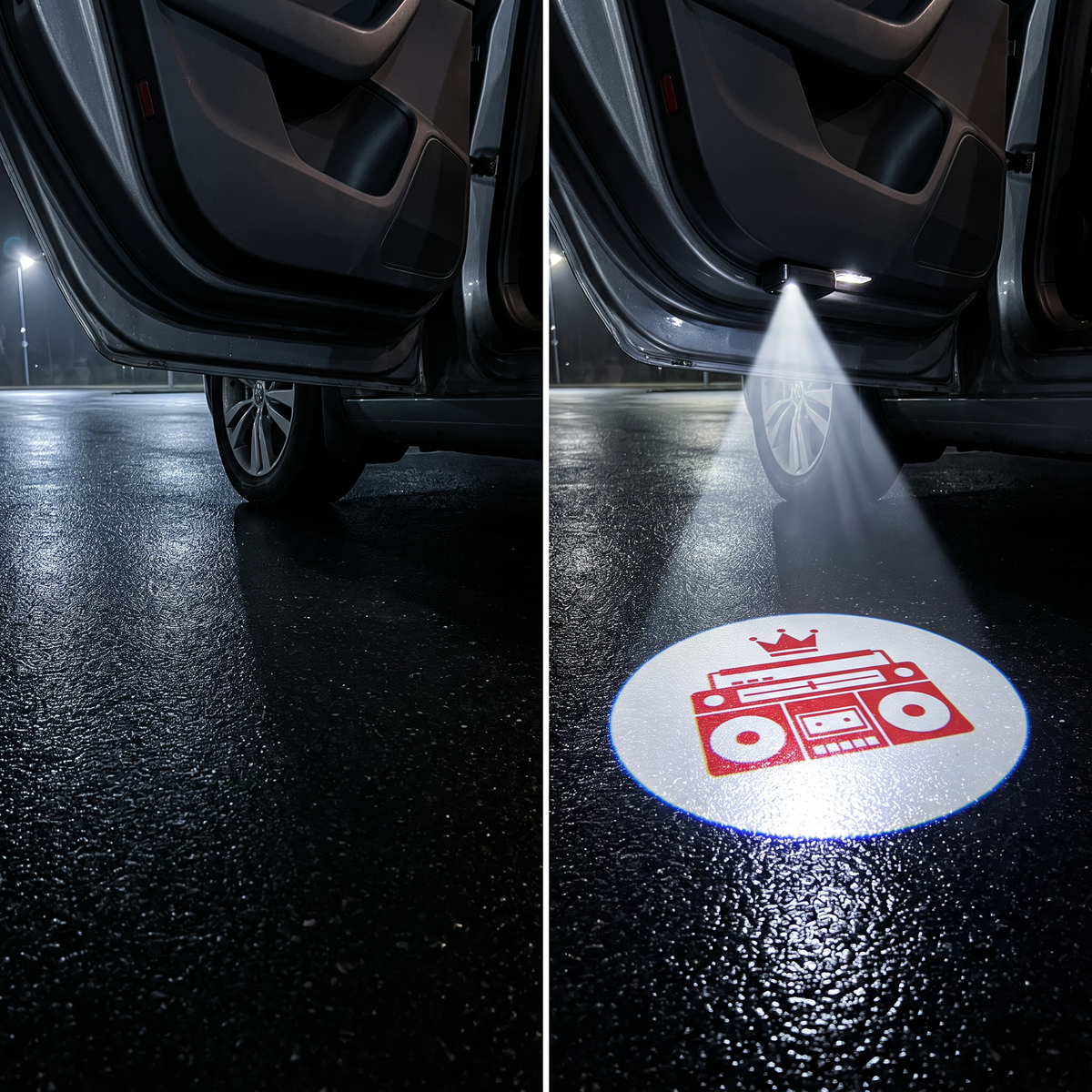 Before and after OG Glow car door projector