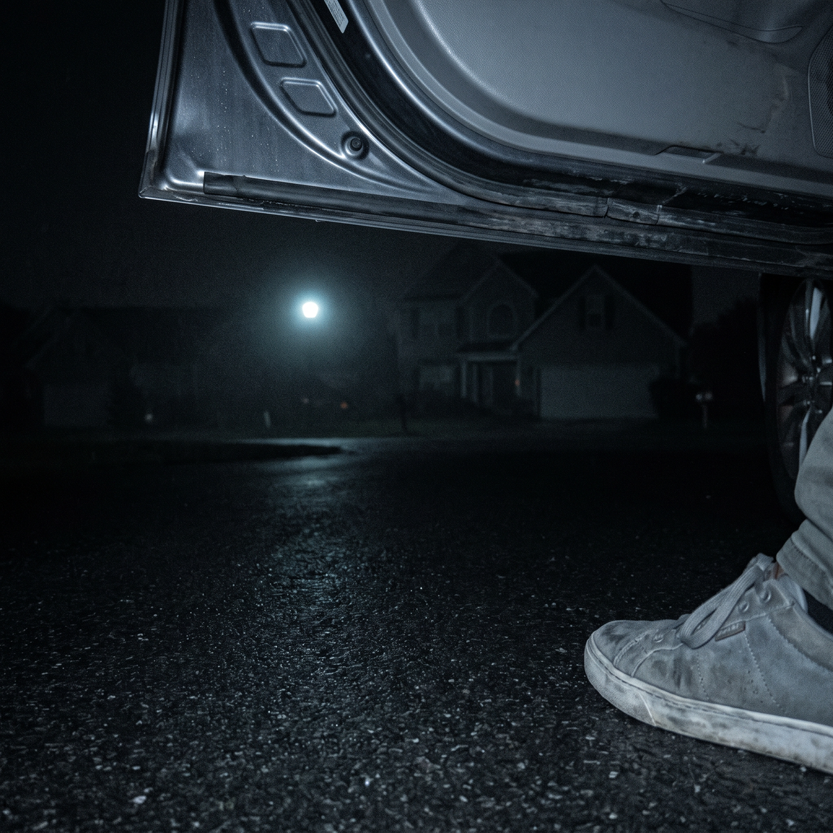 Dark empty ground under an open car door at night